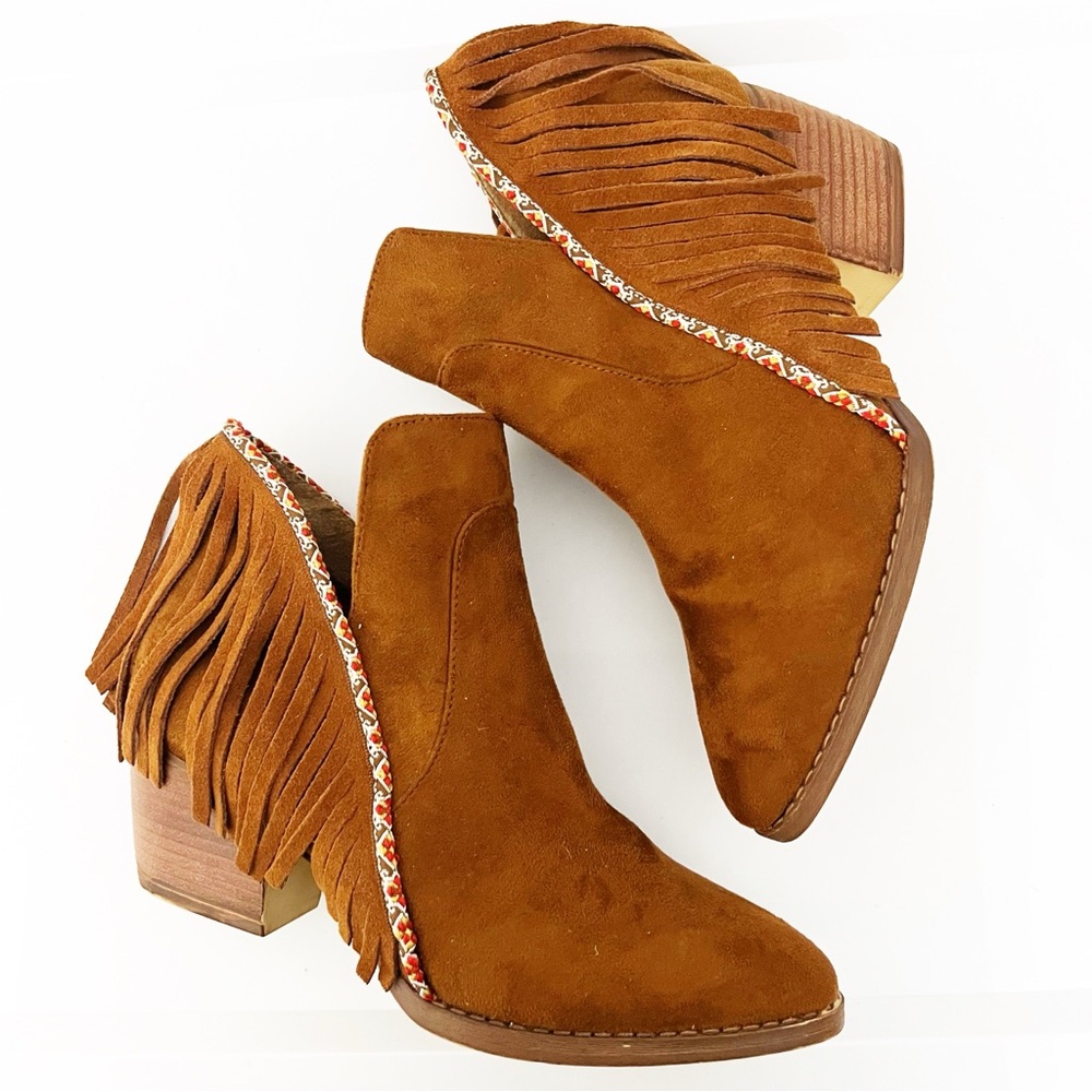 🤍MIA Fringe Suede Ankle Boots - Tan